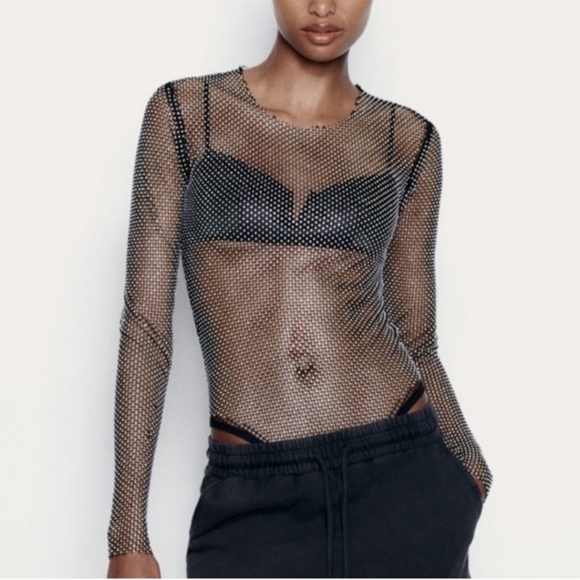ZARA Net Mesh Crochet Rhinestone Iridescent Crystal Sheer Long Sleeve Bodysuit - Picture 8 of 8